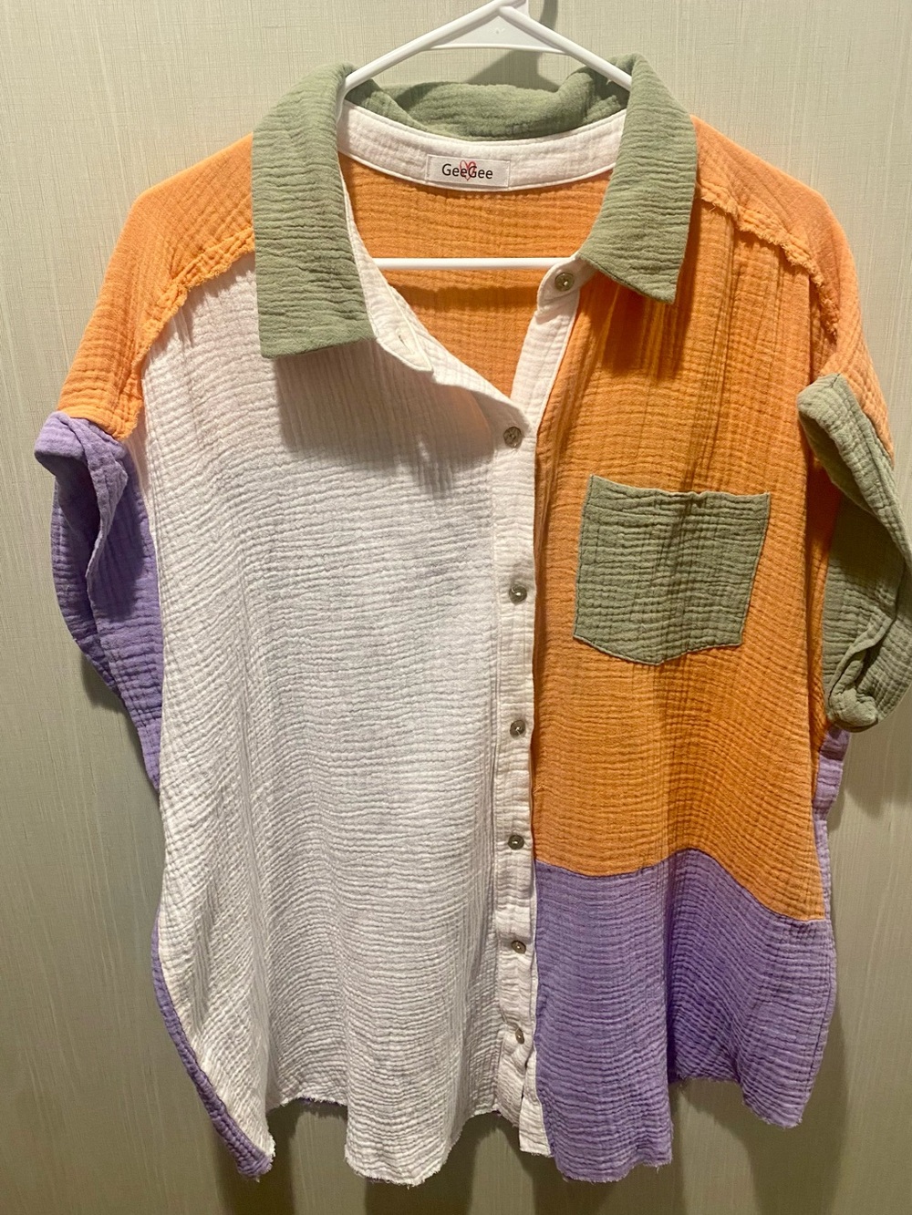 GeeGee Colorblock Button-Up Shirt in White, Orange, Lavender & Sage